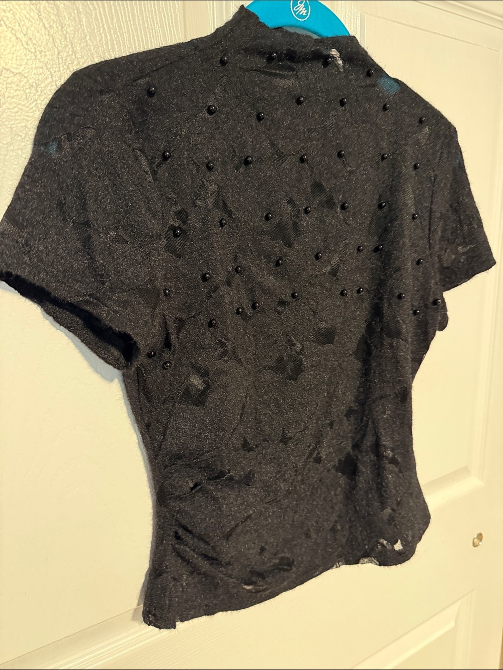 Alive + Olivia Black Beaded Lace Mesh Short Sleeve Knit Top size XS/S